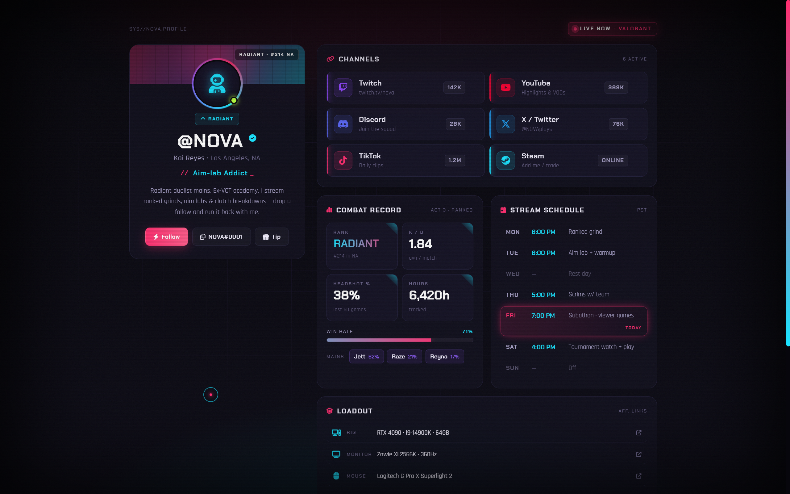 Nova — gaming streamer link-in-bio profile with channels and live stats